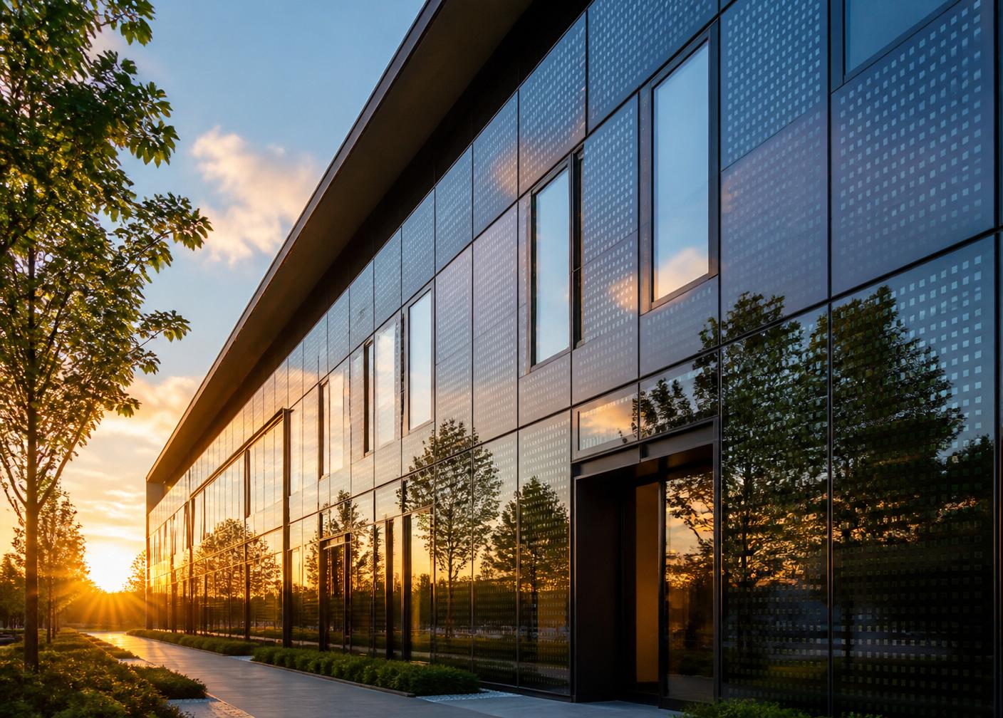 Solar glass facade on commercial building